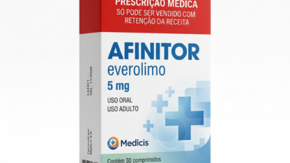 Caixa do medicamento AFINITOR (EVEROLIMO) em embalagem farmacêutica brasileira conforme RDC 768/2022 da ANVISA — fabricado por Ribeiro Cavalcante Advocacia