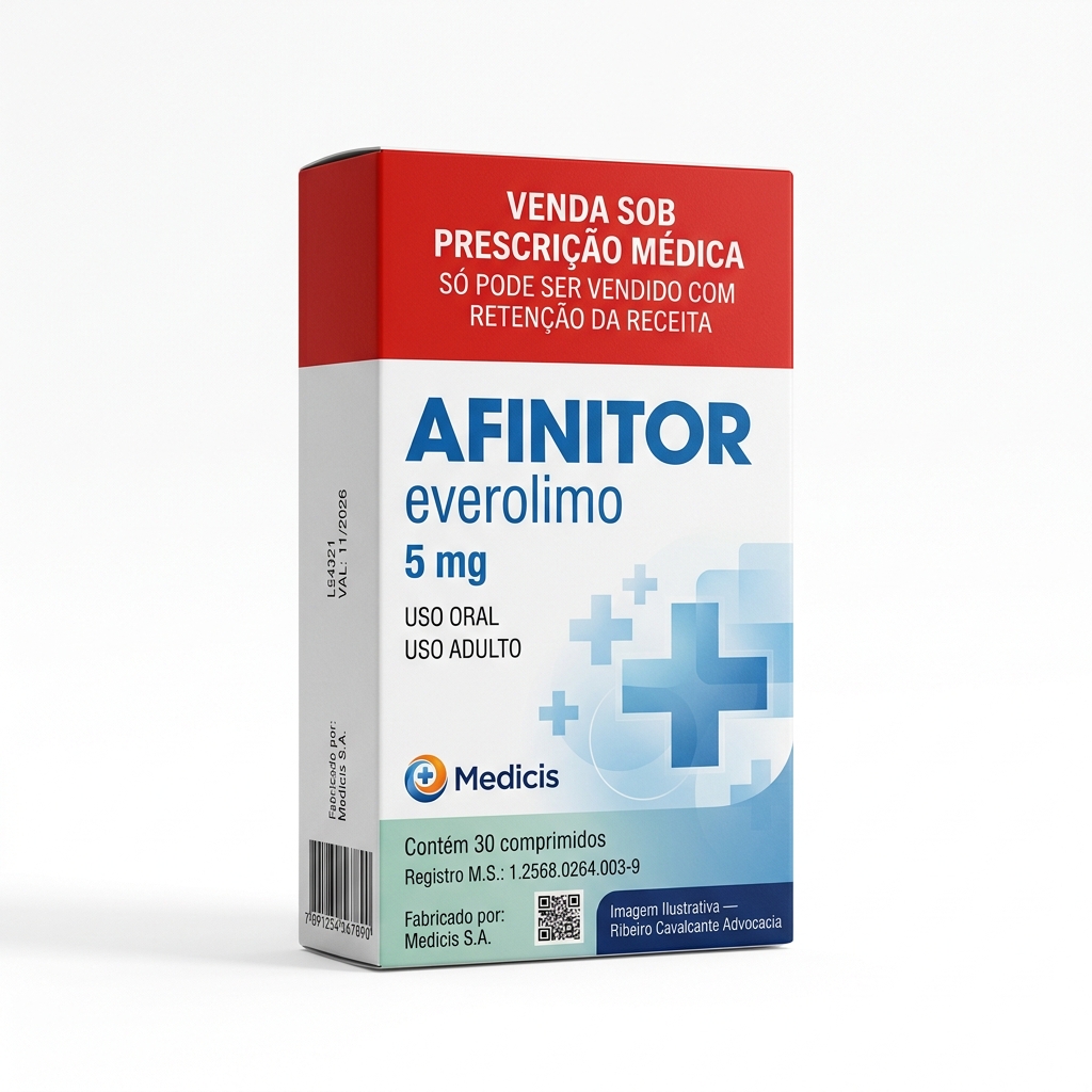 Medicamento afinitor 1780770766 Caixa do medicamento afinitor (everolimo) em embalagem farmacêutica brasileira conforme rdc 768/2022 da anvisa — fabricado por ribeiro cavalcante advocacia