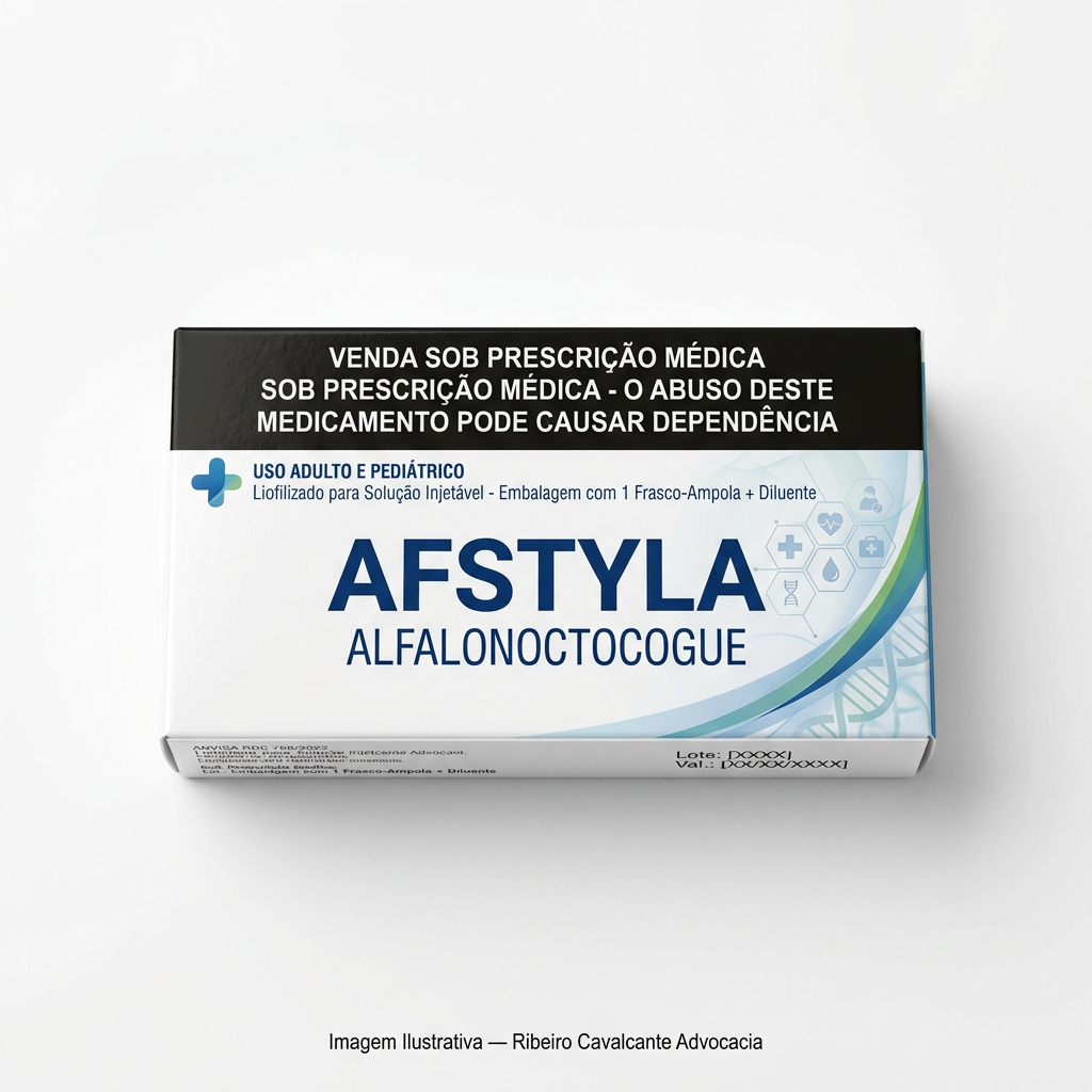 Caixa do medicamento afstyla (alfalonoctocogue) em embalagem farmacêutica brasileira conforme rdc 768/2022 da anvisa — fabricado por ribeiro cavalcante advocacia