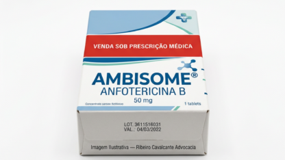 Caixa do medicamento ambisome (anfotericina b) em embalagem farmacêutica brasileira conforme rdc 768/2022 da anvisa — fabricado por ribeiro cavalcante advocacia