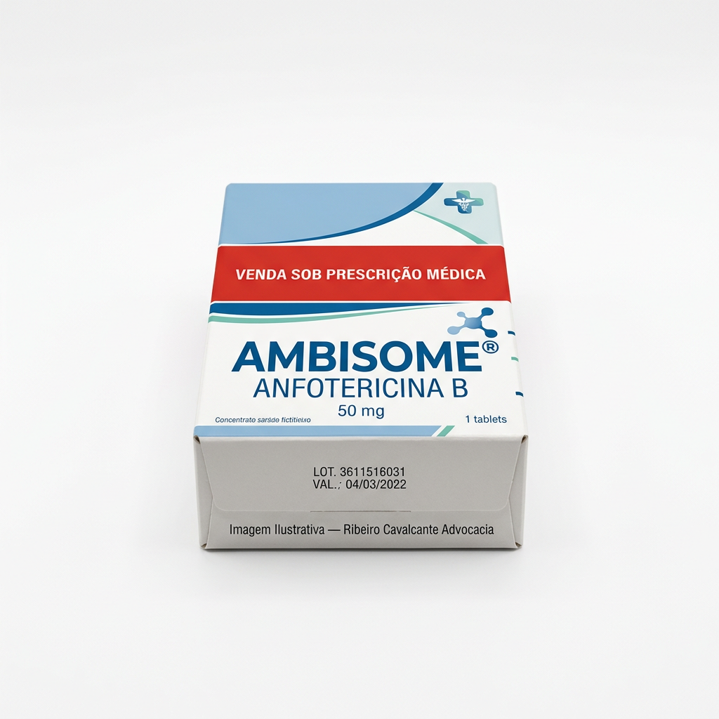 Caixa do medicamento AMBISOME (ANFOTERICINA B) em embalagem farmacêutica brasileira conforme RDC 768/2022 da ANVISA — fabricado por Ribeiro Cavalcante Advocacia
