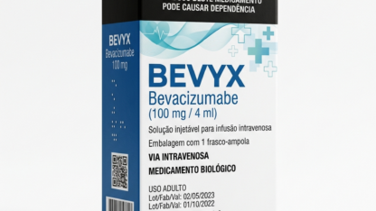 Caixa do medicamento BEVYX (BEVACIZUMABE) em embalagem farmacêutica brasileira conforme RDC 768/2022 da ANVISA — fabricado por Ribeiro Cavalcante Advocacia