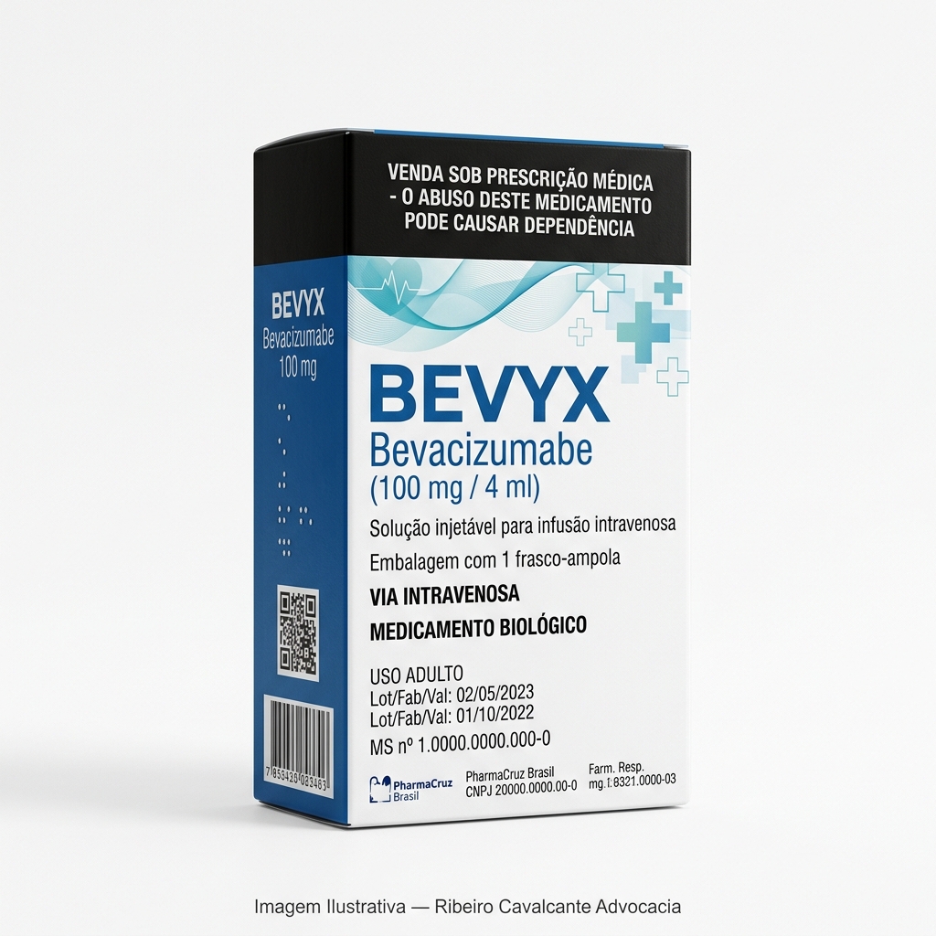 Medicamento bevyx 1780309975 Caixa do medicamento bevyx (bevacizumabe) em embalagem farmacêutica brasileira conforme rdc 768/2022 da anvisa — fabricado por ribeiro cavalcante advocacia