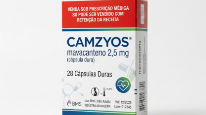 Caixa do medicamento CAMZYOS (MAVACANTENO) em embalagem farmacêutica brasileira conforme RDC 768/2022 da ANVISA — fabricado por Ribeiro Cavalcante Advocacia
