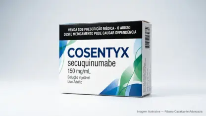 Caixa do medicamento cosentyx (secuquinumabe) em embalagem farmacêutica brasileira conforme rdc 768/2022 da anvisa — fabricado por ribeiro cavalcante advocacia