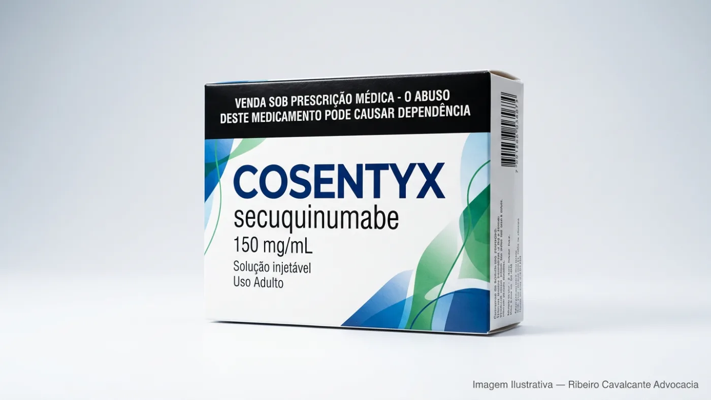 Caixa do medicamento cosentyx (secuquinumabe) em embalagem farmacêutica brasileira conforme rdc 768/2022 da anvisa — fabricado por ribeiro cavalcante advocacia