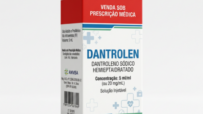 Caixa do medicamento DANTROLEN (DANTROLENO SÓDICO HEMIEPTAIDRATADO) em embalagem farmacêutica brasileira conforme RDC 768/2022 da ANVISA — fabricado por Ribeiro Cavalcante Advocacia