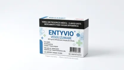 Caixa do medicamento entyvio (vedolizumabe) em embalagem farmacêutica brasileira conforme rdc 768/2022 da anvisa — fabricado por ribeiro cavalcante advocacia