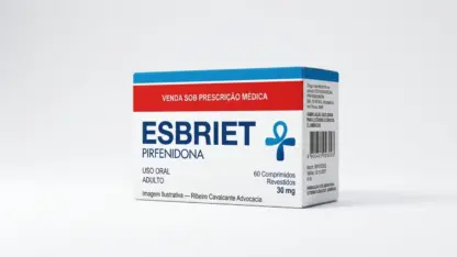 Caixa do medicamento esbriet (pirfenidona) em embalagem farmacêutica brasileira conforme rdc 768/2022 da anvisa — fabricado por ribeiro cavalcante advocacia