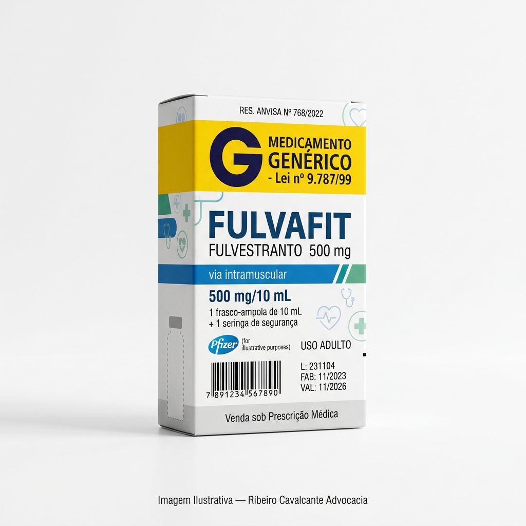 Caixa do medicamento FULVAFIT (FULVESTRANTO) em embalagem farmacêutica brasileira conforme RDC 768/2022 da ANVISA — fabricado por Ribeiro Cavalcante Advocacia