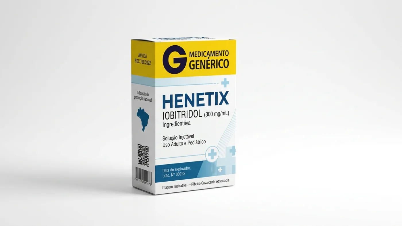 Caixa do medicamento henetix (iobitridol) em embalagem farmacêutica brasileira conforme rdc 768/2022 da anvisa — fabricado por ribeiro cavalcante advocacia