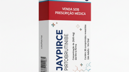 Caixa do medicamento JAYPIRCE (PIRTOBRUTINIBE) em embalagem farmacêutica brasileira conforme RDC 768/2022 da ANVISA — fabricado por Ribeiro Cavalcante Advocacia