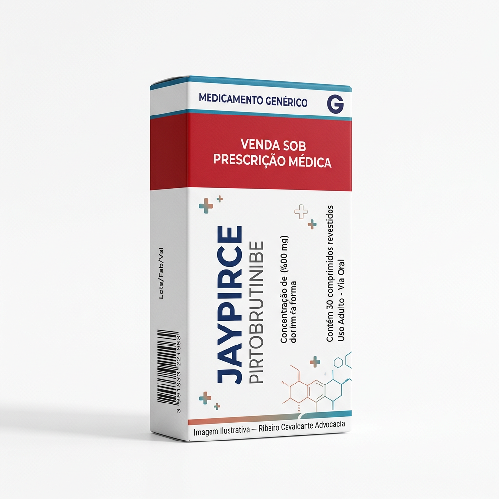 Caixa do medicamento jaypirce (pirtobrutinibe) em embalagem farmacêutica brasileira conforme rdc 768/2022 da anvisa — fabricado por ribeiro cavalcante advocacia