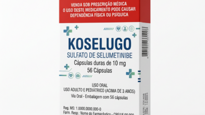 Caixa do medicamento KOSELUGO (SULFATO DE SELUMETINIBE) em embalagem farmacêutica brasileira conforme RDC 768/2022 da ANVISA — fabricado por Ribeiro Cavalcante Advocacia