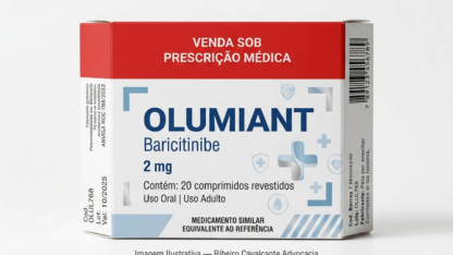 Caixa do medicamento OLUMIANT (BARICITINIBE) em embalagem farmacêutica brasileira conforme RDC 768/2022 da ANVISA — fabricado por Ribeiro Cavalcante Advocacia