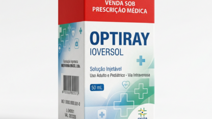 Caixa do medicamento OPTIRAY (IOVERSOL) em embalagem farmacêutica brasileira conforme RDC 768/2022 da ANVISA — fabricado por Ribeiro Cavalcante Advocacia