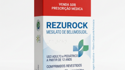 Caixa do medicamento REZUROCK (MESILATO DE BELUMOSUDIL) em embalagem farmacêutica brasileira conforme RDC 768/2022 da ANVISA — fabricado por Ribeiro Cavalcante Advocacia