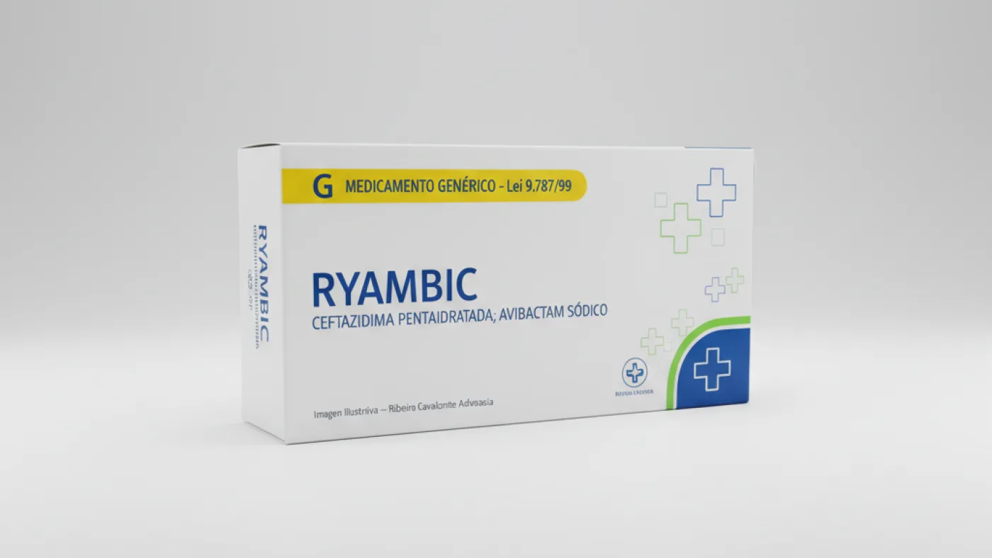 Caixa do medicamento ryambic (ceftazidima pentaidratada;avibactam sódico) em embalagem farmacêutica brasileira conforme rdc 768/2022 da anvisa