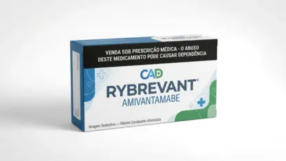 Caixa do medicamento rybrevant (amivantamabe) em embalagem farmacêutica brasileira conforme rdc 768/2022 da anvisa — fabricado por ribeiro cavalcante advocacia