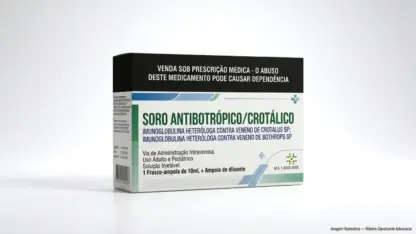 Caixa do medicamento soro antibotrópico/crotálico (imunoglobulina heteróloga contra veneno de crotalus sp;imunoglobulina heteróloga contra veneno de bothrops sp) em embalagem farmacêutica brasileira conforme rdc 768/2022 da anvisa — fabricado por ribeiro cavalcante advocacia