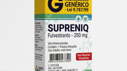 Caixa do medicamento SUPRENIQ (FULVESTRANTO) em embalagem farmacêutica brasileira conforme RDC 768/2022 da ANVISA — fabricado por Ribeiro Cavalcante Advocacia