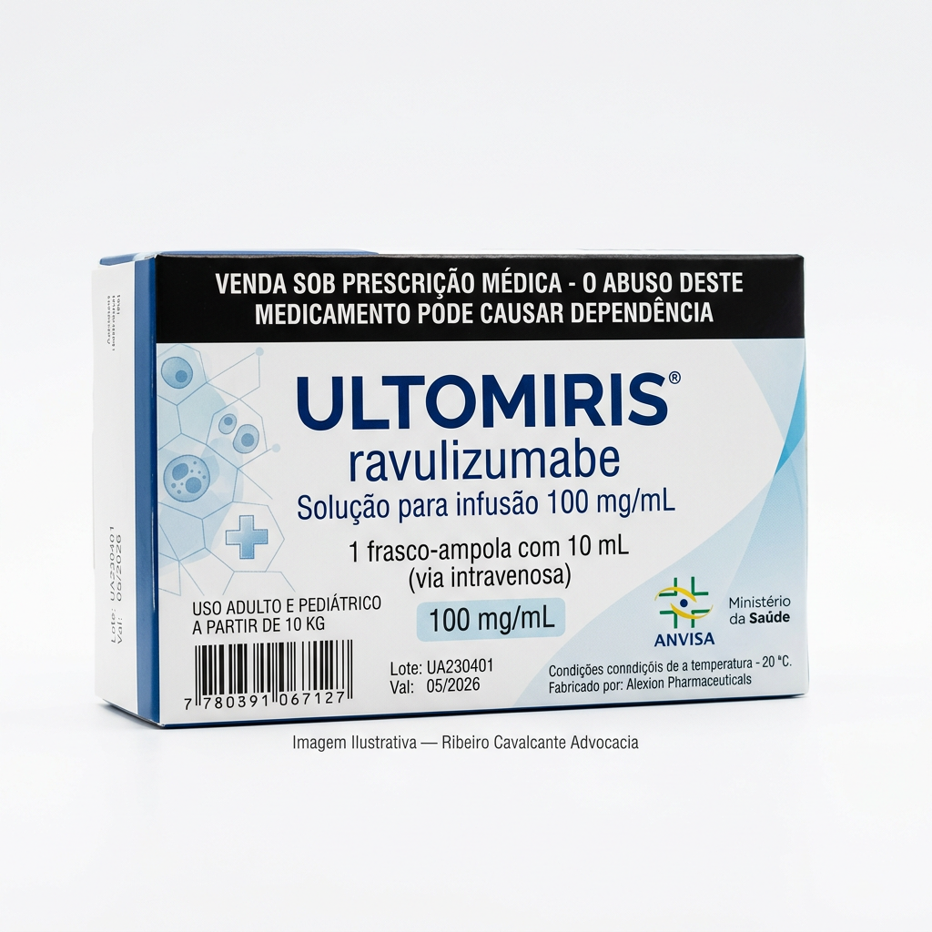 Caixa do medicamento ULTOMIRIS (RAVULIZUMABE) em embalagem farmacêutica brasileira conforme RDC 768/2022 da ANVISA — fabricado por Ribeiro Cavalcante Advocacia