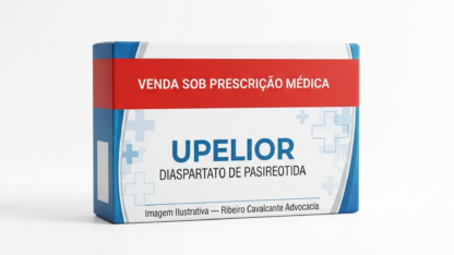 Caixa do medicamento UPELIOR (DIASPARTATO DE PASIREOTIDA) em embalagem farmacêutica brasileira conforme RDC 768/2022 da ANVISA — fabricado por Ribeiro Cavalcante Advocacia