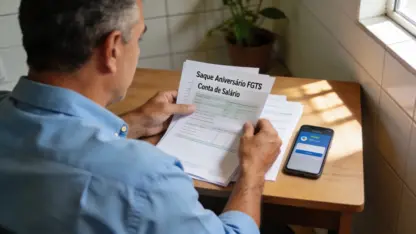 Imagem representando trabalhador adulto decidindo sobre o saque-aniversário do fgts com documentos na mesa — ribeiro cavalcante advocacia