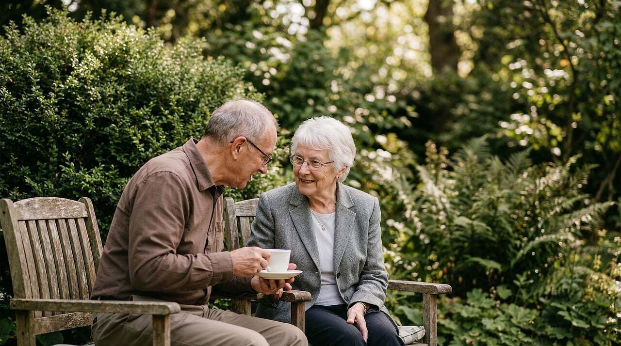 Aposentadoria em 2026 veja a nova idade minima e regras de transicao inline 1 336054 1783132500 Casal de idosos sorridentes conversando sentados em bancos de madeira em um jardim verdejante.