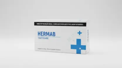 Caixa do medicamento hermab (trastuzumabe) em embalagem farmacêutica brasileira conforme rdc 768/2022 da anvisa