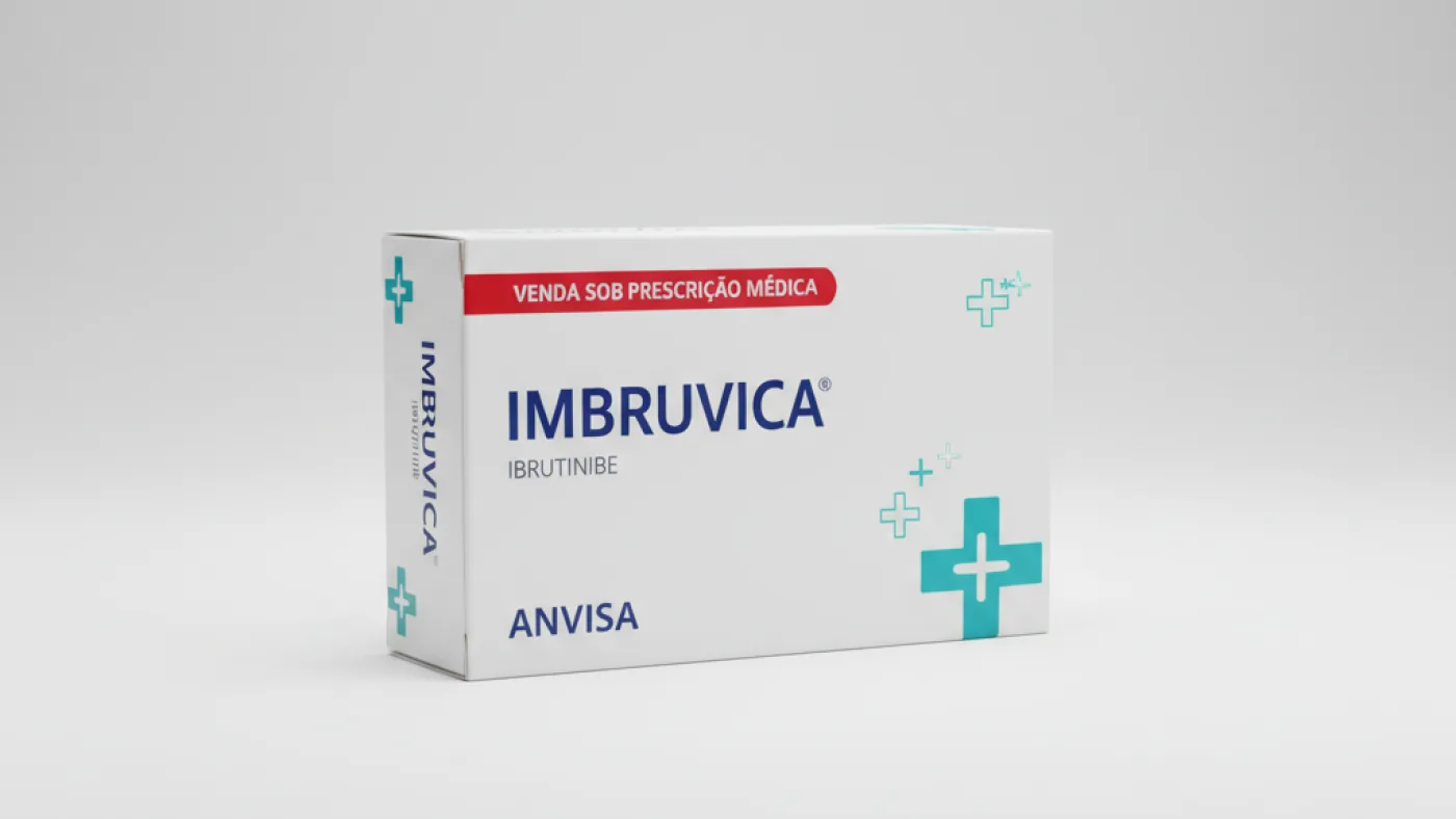 Caixa do medicamento imbruvica (ibrutinibe) em embalagem farmacêutica brasileira conforme rdc 768/2022 da anvisa