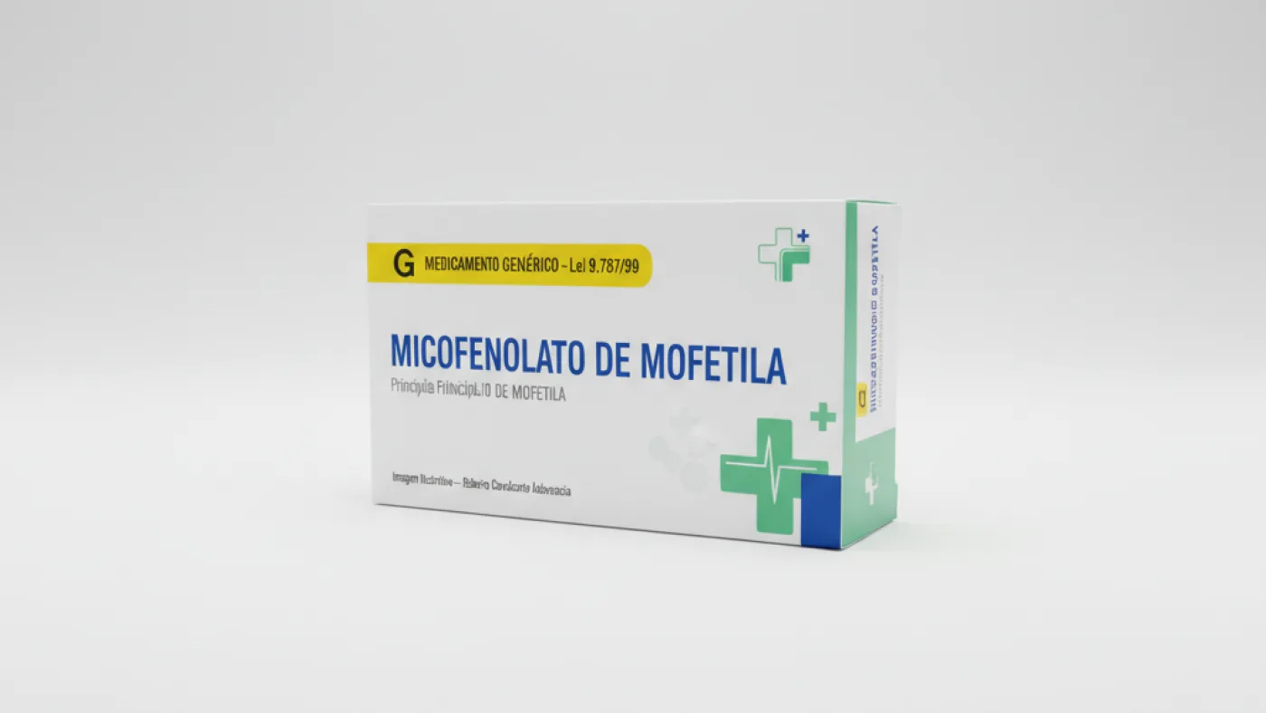 Caixa do medicamento micofenolato de mofetila (micofenolato de mofetila) em embalagem farmacêutica brasileira conforme rdc 768/2022 da anvisa