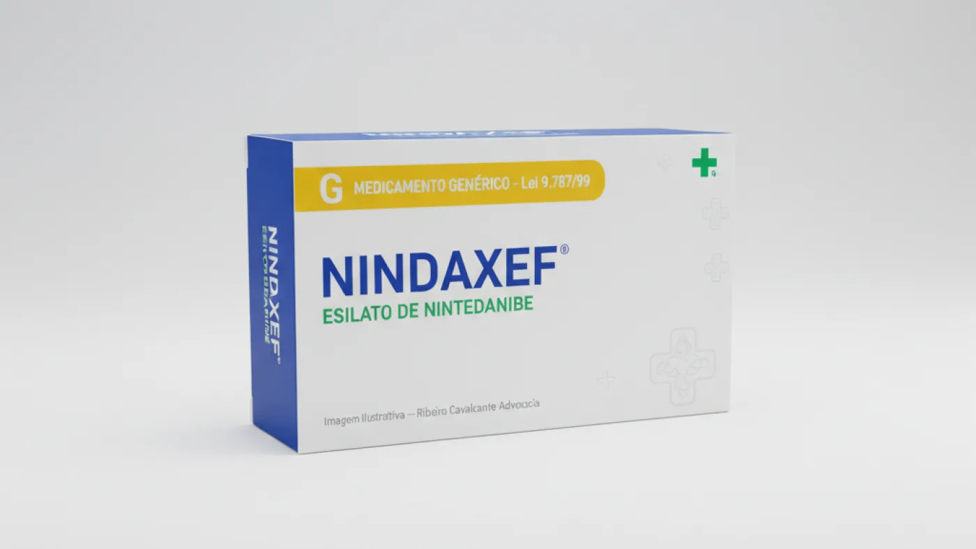 Caixa do medicamento nindaxef (esilato de nintedanibe) em embalagem farmacêutica brasileira conforme rdc 768/2022 da anvisa