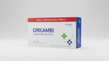 Caixa do medicamento orkambi (lumacaftor;ivacaftor) em embalagem farmacêutica brasileira conforme rdc 768/2022 da anvisa