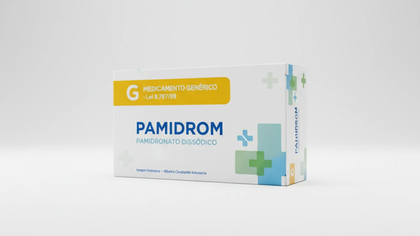 Caixa do medicamento pamidrom (pamidronato dissódico) em embalagem farmacêutica brasileira conforme rdc 768/2022 da anvisa
