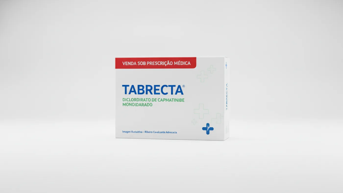 Caixa do medicamento tabrecta (dicloridrato de capmatinibe monoidratado) em embalagem farmacêutica brasileira conforme rdc 768/2022 da anvisa