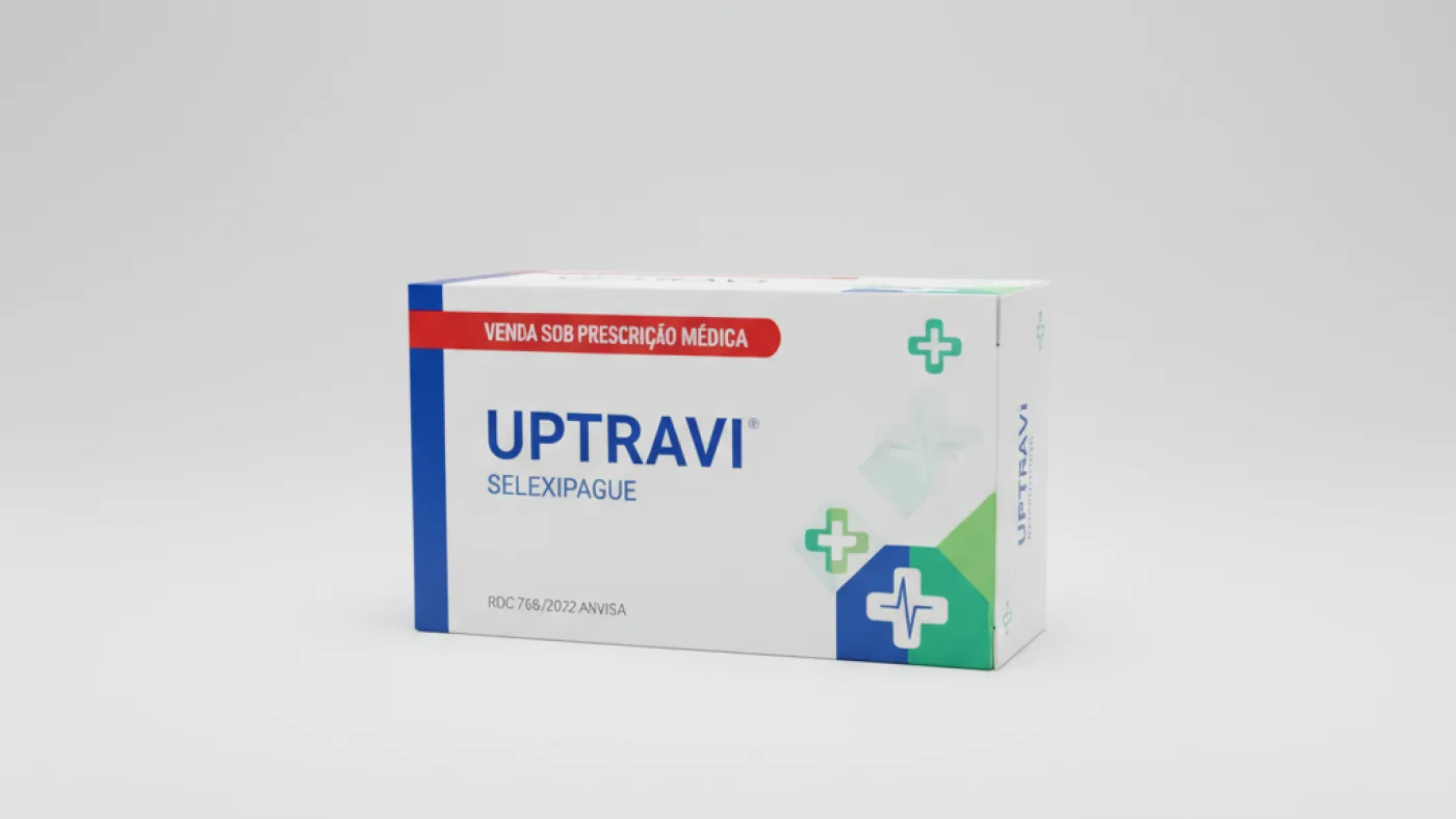 Caixa do medicamento uptravi (selexipague) em embalagem farmacêutica brasileira conforme rdc 768/2022 da anvisa