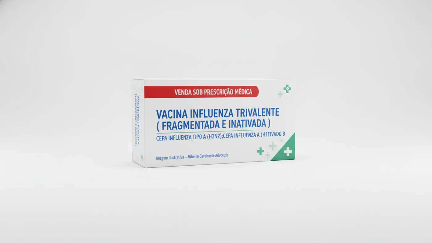 Caixa do medicamento vacina influenza trivalente ( fragmentada e inativada ) (cepa influenza tipo a (h3n2);cepa influenza tipo a (h1n1);cepa influenza tipo b) em embalagem farmacêutica brasileira conforme rdc 768/2022 da anvisa