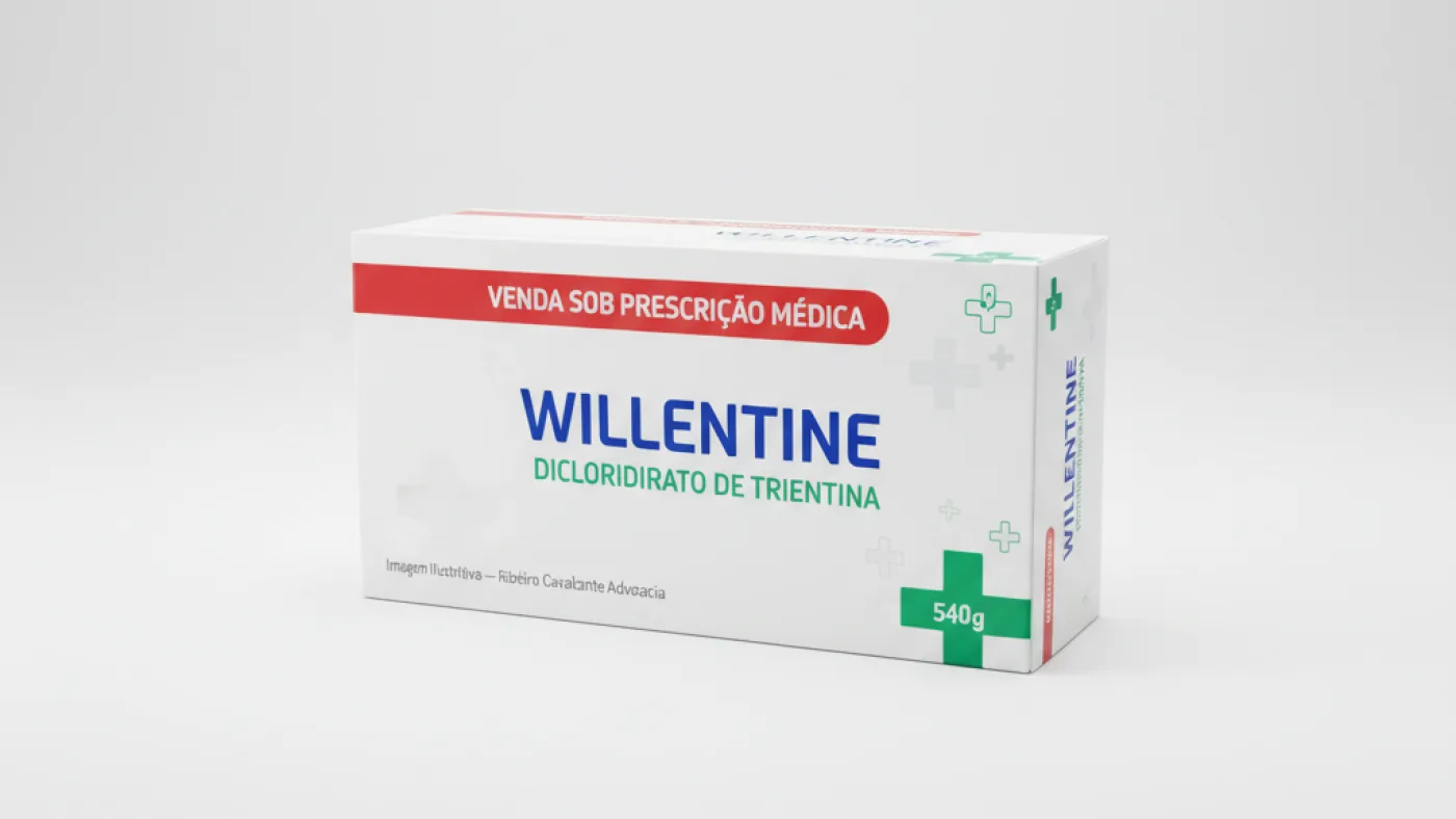 Caixa do medicamento willentine (dicloridrato de trientina) em embalagem farmacêutica brasileira conforme rdc 768/2022 da anvisa