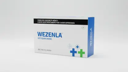 Caixa do medicamento wezenla (ustequinumabe) em embalagem farmacêutica brasileira conforme rdc 768/2022 da anvisa